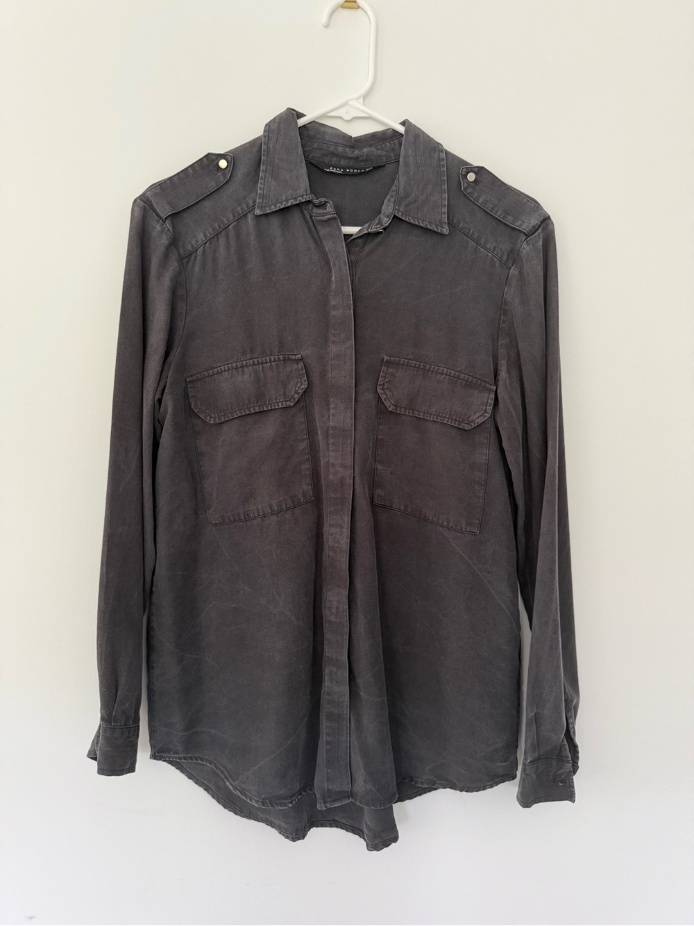 Zara Woman Washed Charcoal Button-Up Utility Shirt Lyocell S